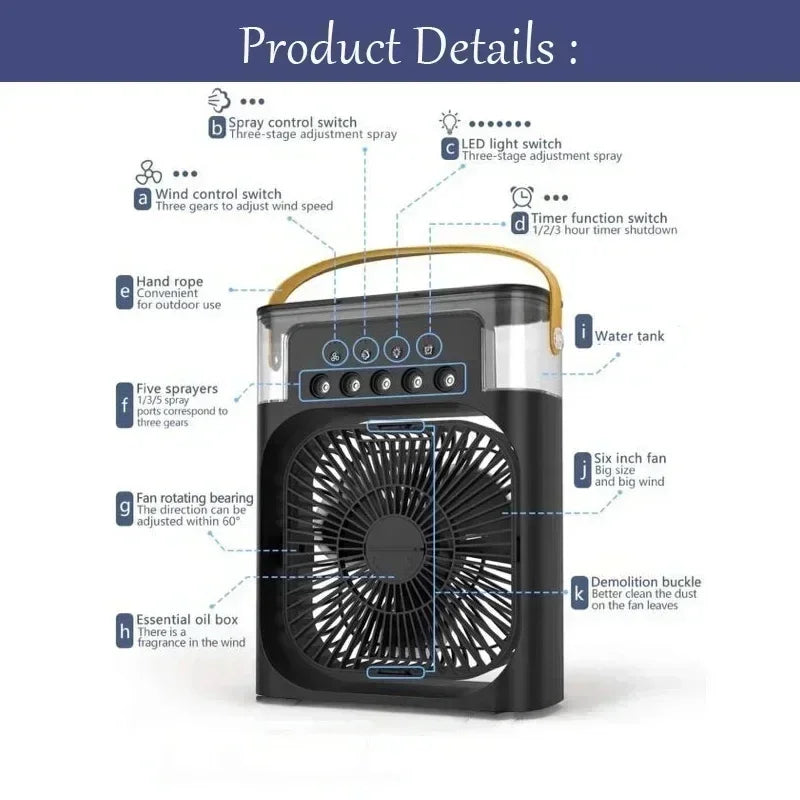 3-in-1 Portable Air Conditioner and Fan with LED Night Light and Humidifier for Home and Office Use